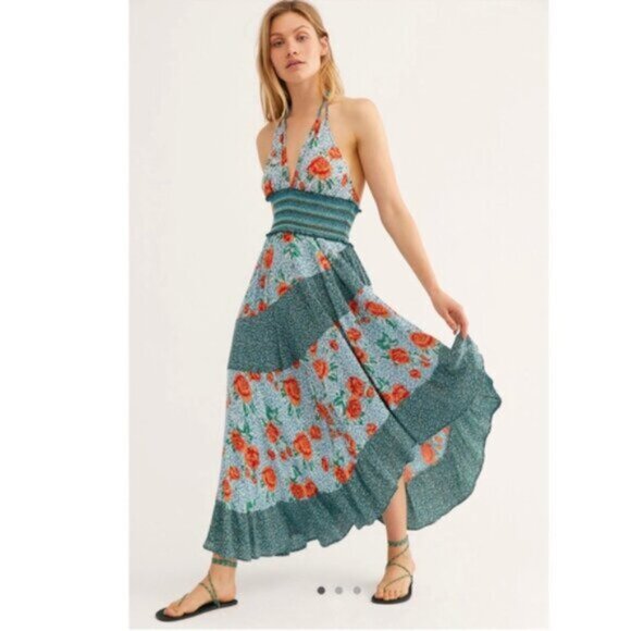 NWT Free People Pleated Halter Sundress in Blue and Orange Midi Dress - Picture 3 of 16